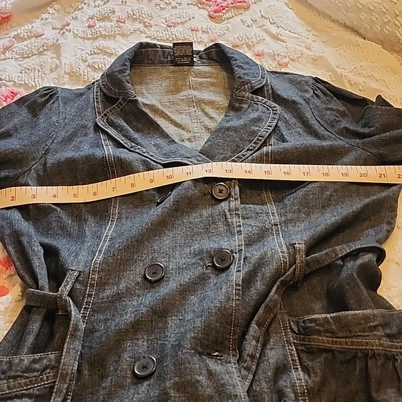 French Cuff Blue Demin Jeans Cotton Belt Pocket Trench Coat Jacket Women's Sz L - Picture 8 of 9